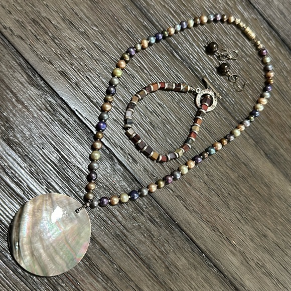 Pearl Necklace, Stone Bracelet & Earrings Set - Picture 1 of 3